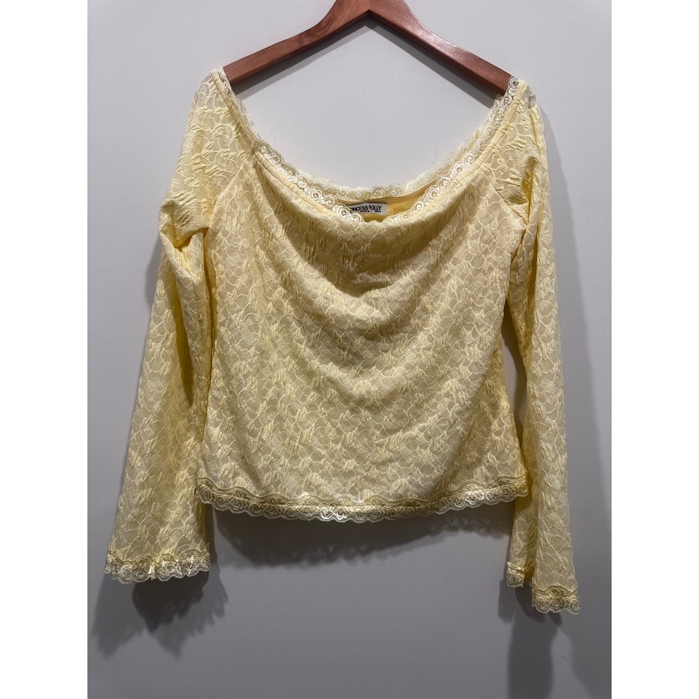 Princess Polly Yellow Lace Off The Shoulder Long Sleeve Top Scallop Trim US 12